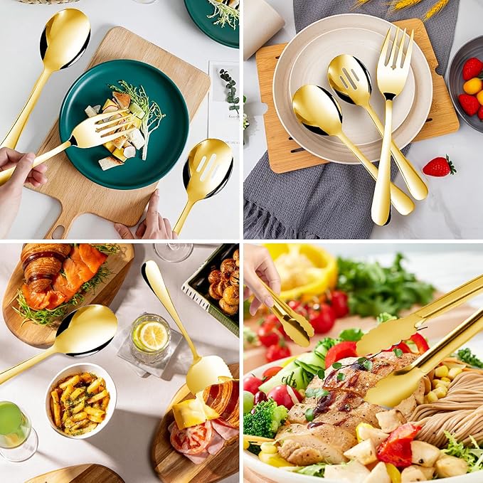 14PCS Serving Utensils - Hostess Serving Utensils Set, Premium Stainless Steel 8.7 inch Serving Utensils, Slotted Spoons, Fork, Tongs, Cake Pie Server for Buffet, Wedding, Dinner (Gold)