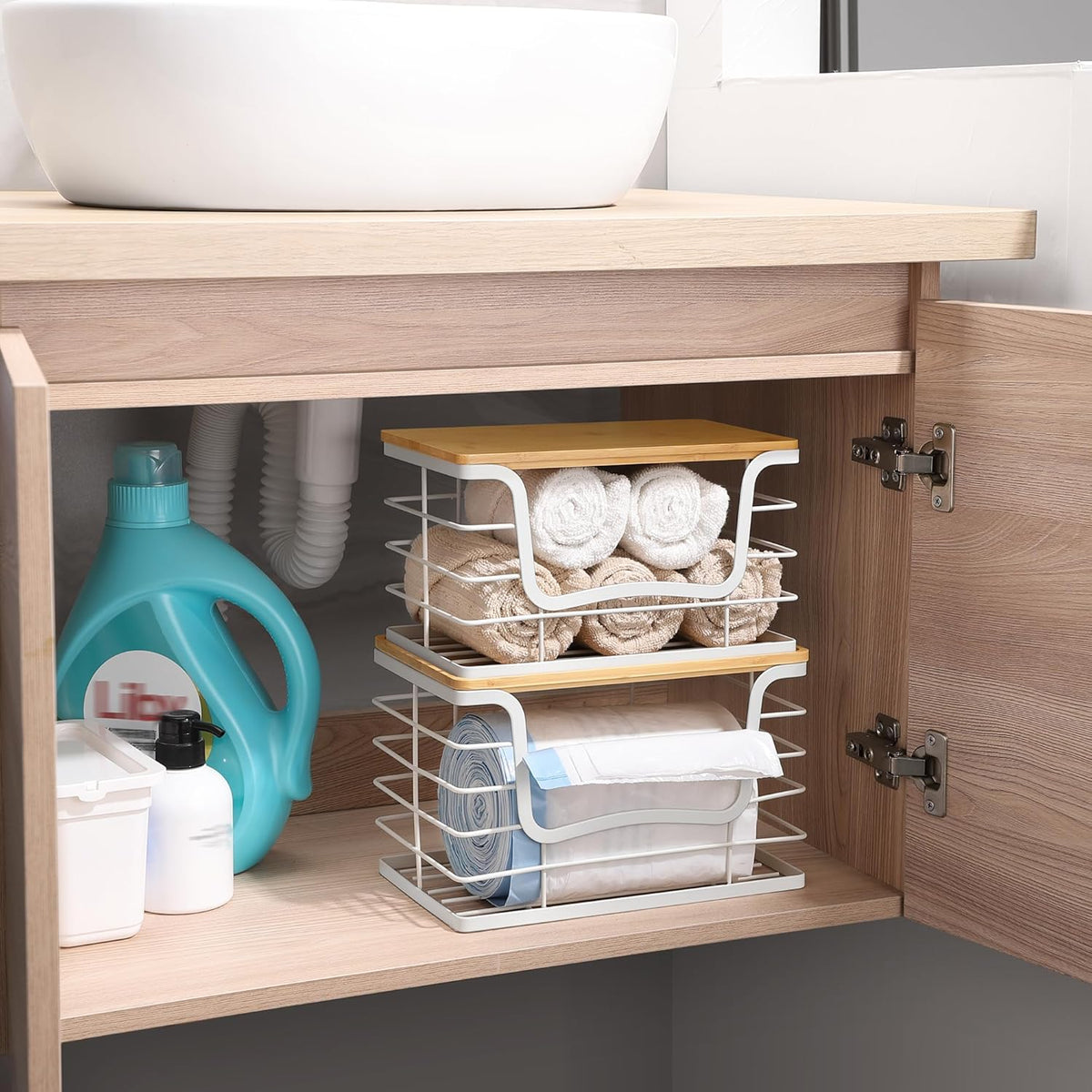 Trash Bag Dispenser Holder for Kitchen 2 Pack White Garbage Bag Organizer Wall Mount Stackable Bin with Bamboo Lid for Countertop, Under Sink, Laundry Room
