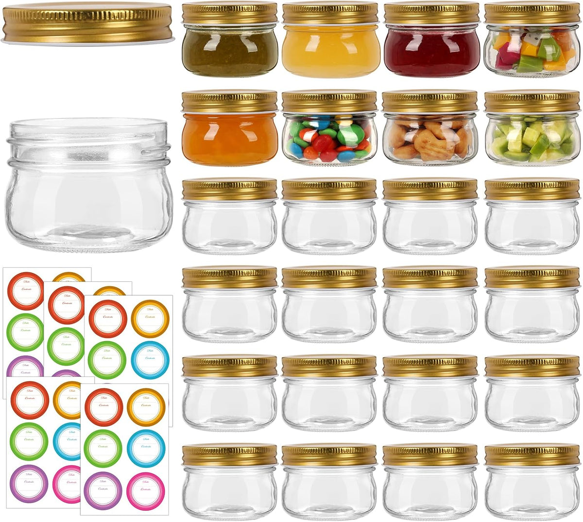 4 oz Mason Jars With Gold Lids, 24 Pack Regular Mouth Canning Jars for Jam, Honey, Yogurt, Spices, Snacks, DIY Projects, Wedding Favors- Includes 30 Stickers