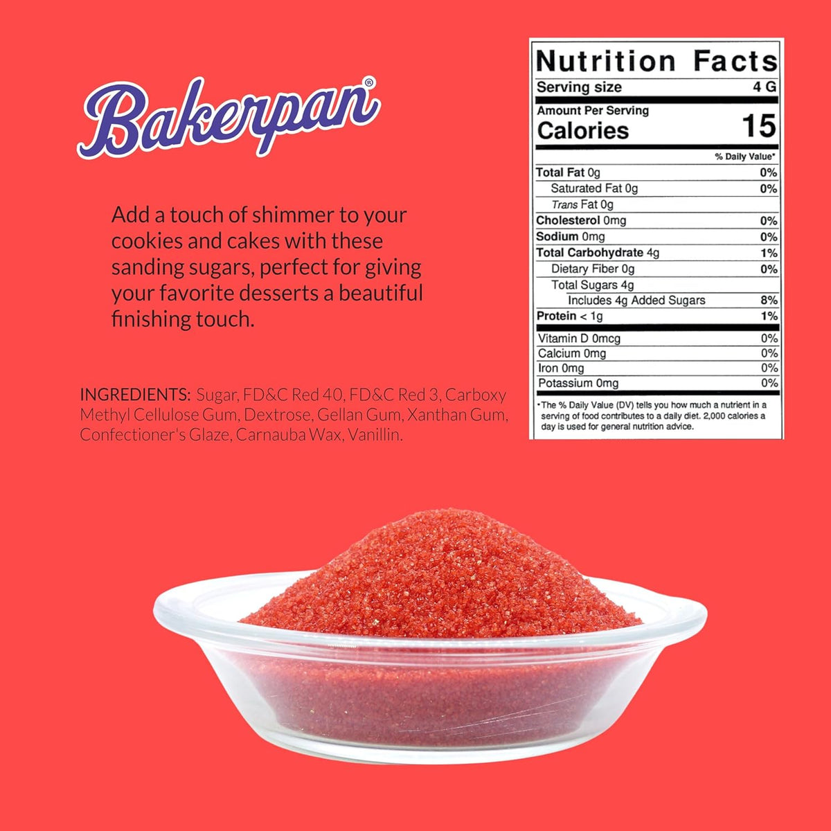 Bakerpan Red Sanding Sugar for Baking & Cookie Decorating - 5 Ounce Edible Red Sugar Sprinkles for Cookies, Cakes, Cocktails (Made In USA)