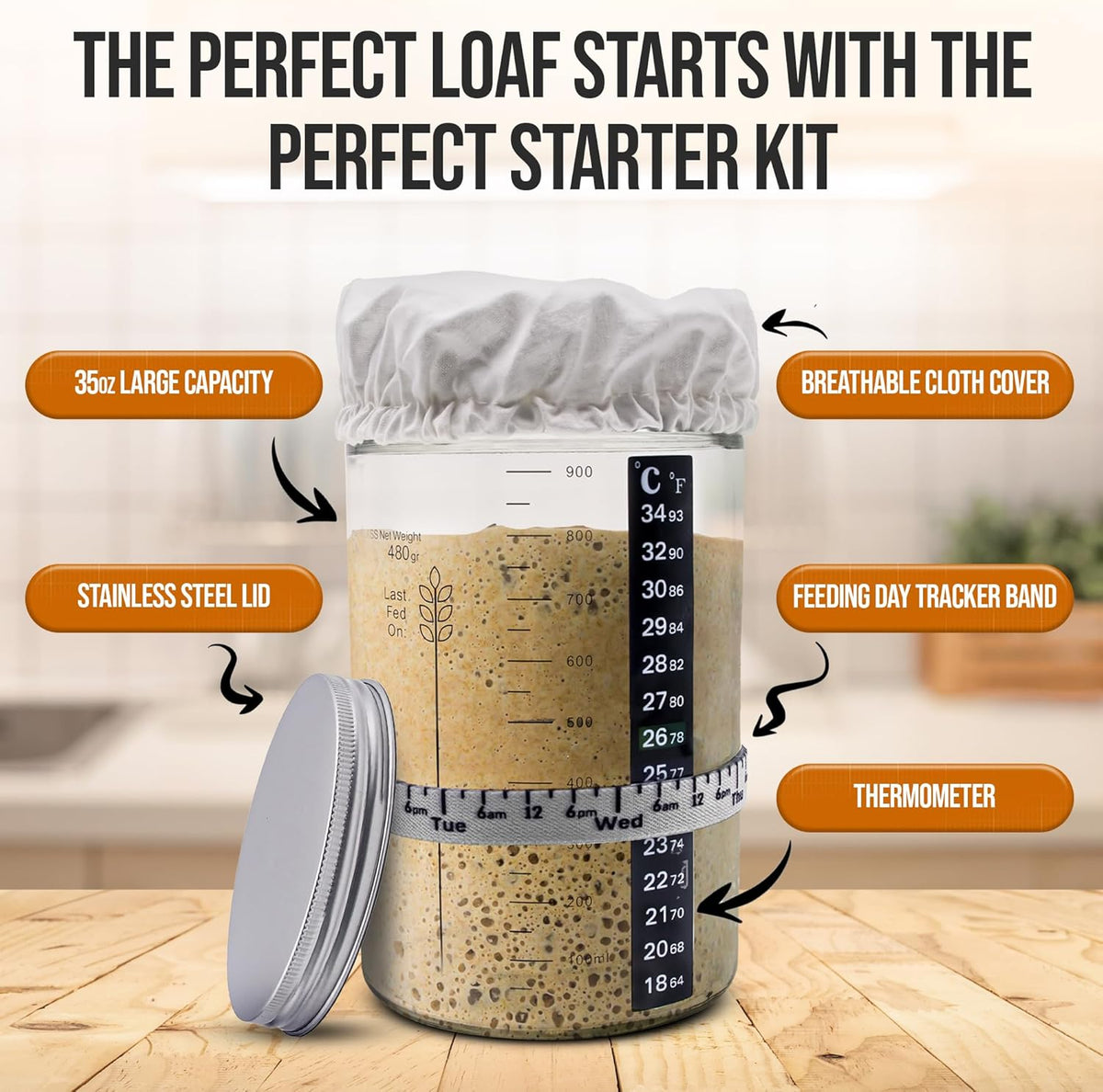 Complete Sourdough Starter Kit and Sourdough Bread Baking Supplies - Includes 9" Banneton Proofing Basket, 34oz Sourdough Starter Jar, Silicone Bread Sling, Scrapers, Bread Lame and Measuring Spoons