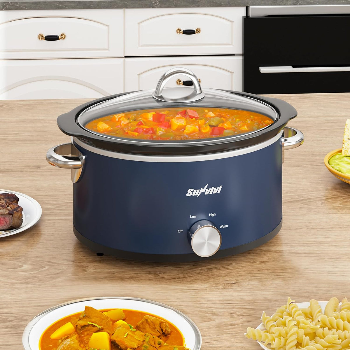 Sunvivi 3 Quart Slow Cooker & Mini Food Warmer with 3 Heating Settings, Removable Ceramic Pot, Dishwasher Safe Glass Lid, Stainless Steel, Blue