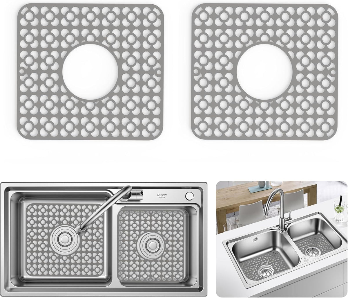 WAFT YEARN 2PCS Sink Mats Sink Protectors Dish Racks Dishwasher Safe Grid Mats for Kitchen Sink Silicone Protect Sink from Stains Damage Scratches Non Slip Heat Resistant Rust Resistant 11"X12" Grey