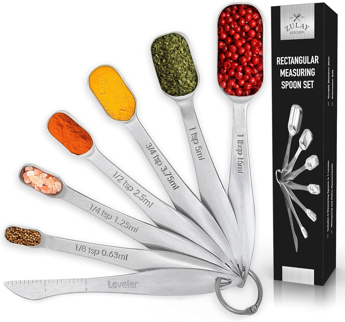 Zulay Heavy Duty Stainless Steel Measuring Spoons with Easy to Read, Slim Design for Narrow Spice Jars, 6 Piece Measuring Spoons with Etched Markings & Removable Clasp, Table Spoons Measuring Spoon