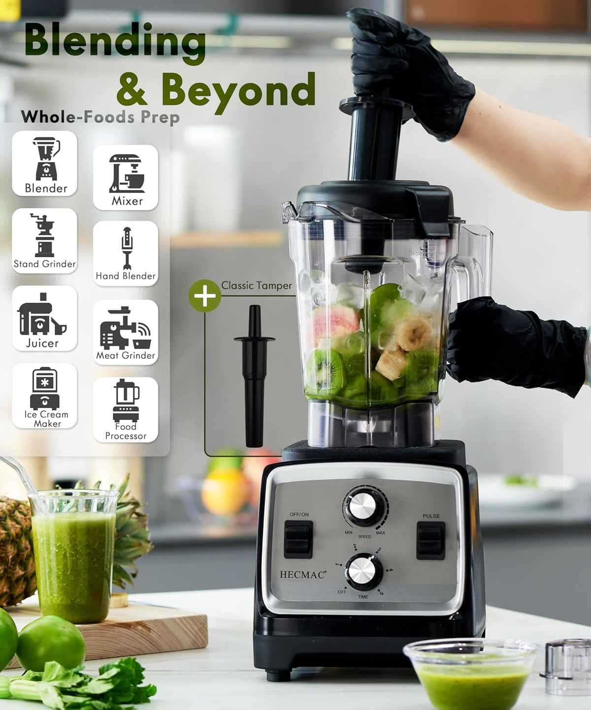 HECMAC 3-Peak HP Blender - 2200W Max/1400W Rated, 68oz BPA-Free Pitcher, Easy to Use, Self-Clean, Tamper - Smoothies, Ice Crush, Frozen Drinks, Food Prep - Home & Commercial, 110V