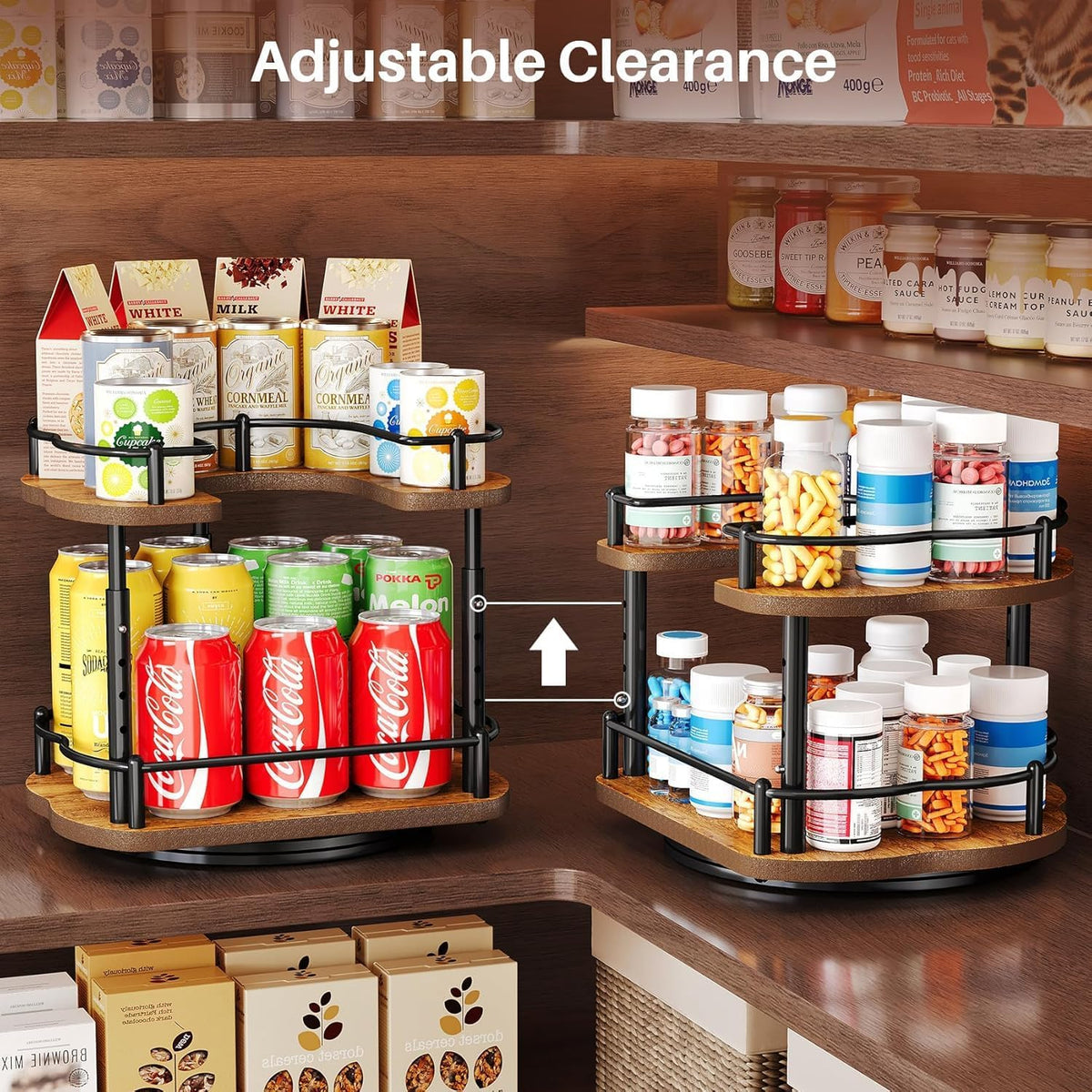 SNTD Spice Rack Organizer for Cabinet - Height Adjustable Rotating Lazy Susan, Wooden Spice Organization for Tabletop, Pantry, or Kitchen Counter, Fits Cabinets Over 11" Wide and 10.3" High