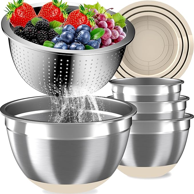 Mixing Bowls with Airtight Lids Set, 4 Stainless Steel Bowls Nesting Bowls & Colander, Kitchen Organizers and Storage Non-Slip Bottom, Size 1.5/2.0/2.5/4.5QT, Great for Mixing & Serving, Khaki