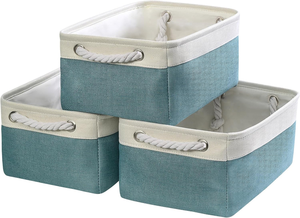 TheWarmHome Fabric Storage Bins Baskets for Organizing,Sturdy Storage Basket W/Handles, Decorative Foldable Storage Baskets for Shelves Closet Nursery Toy (White&Teal, Medium - 3 Pack)