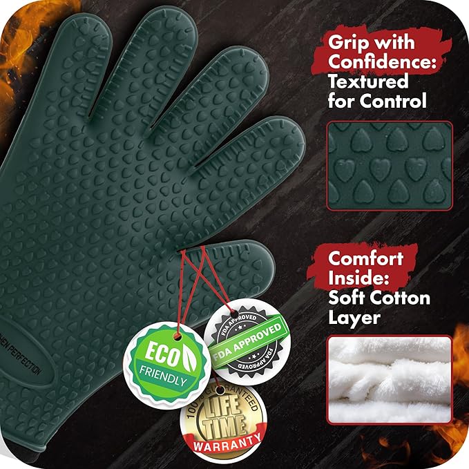 KITCHEN PERFECTION S Silicone Smoker Oven Gloves -Extreme Heat Resistant BBQ Gloves -Handle Hot Food Right on Your Grill Fryer Pit|Waterproof Oven Mitts |Superior Value Set+3 Bonuses