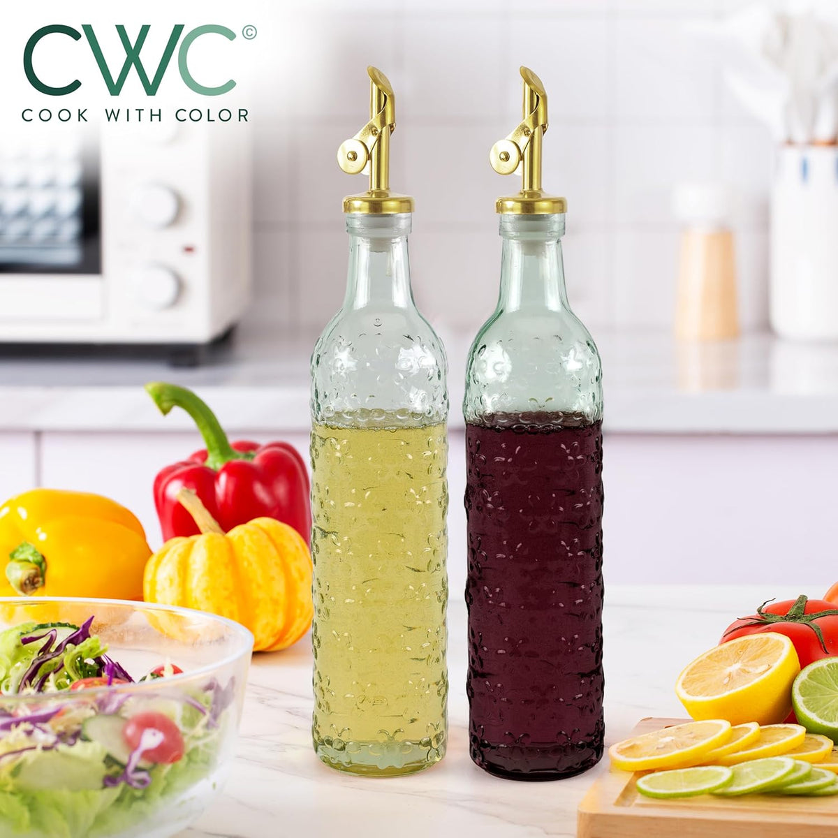 COOK WITH COLOR Glass Olive Oil Bottle Dispenser - 2 Pack- 17oz Oil and Vinegar Cruet - Olive Oil Carafe Decanter for Kitchen