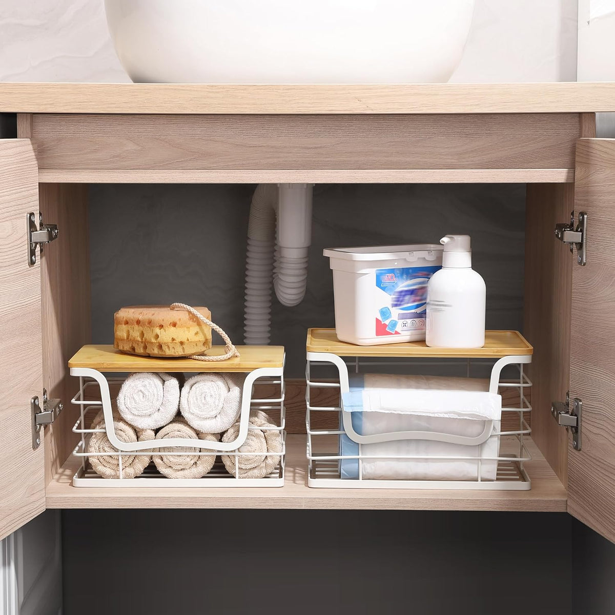Trash Bag Dispenser Holder for Kitchen 2 Pack White Garbage Bag Organizer Wall Mount Stackable Bin with Bamboo Lid for Countertop, Under Sink, Laundry Room