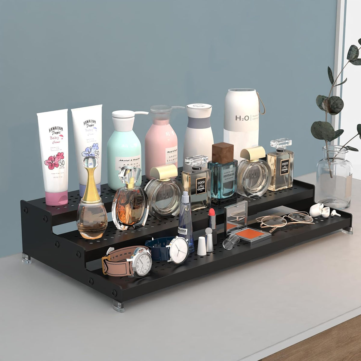 Expandable Spice Rack organizer with 3-Tier step shelf,Modern Design heavy duty,Non Skid and Visibility ,Great for Kitchen Cabinet,Bathroom,dressing table,Cupboard, Pantry and more(3PACKS/BLACK)