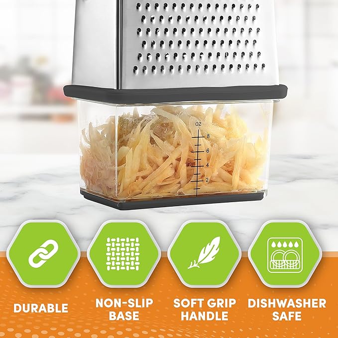 Spring Chef Professional Gray 10" Parmesan Cheese Grater With Container, Stainless Steel & Soft Grip Handle, 4 Sided Kitchen Carrot Shredder, Handheld Box Grater for Potato, Veggie, Ginger, Hashbrown