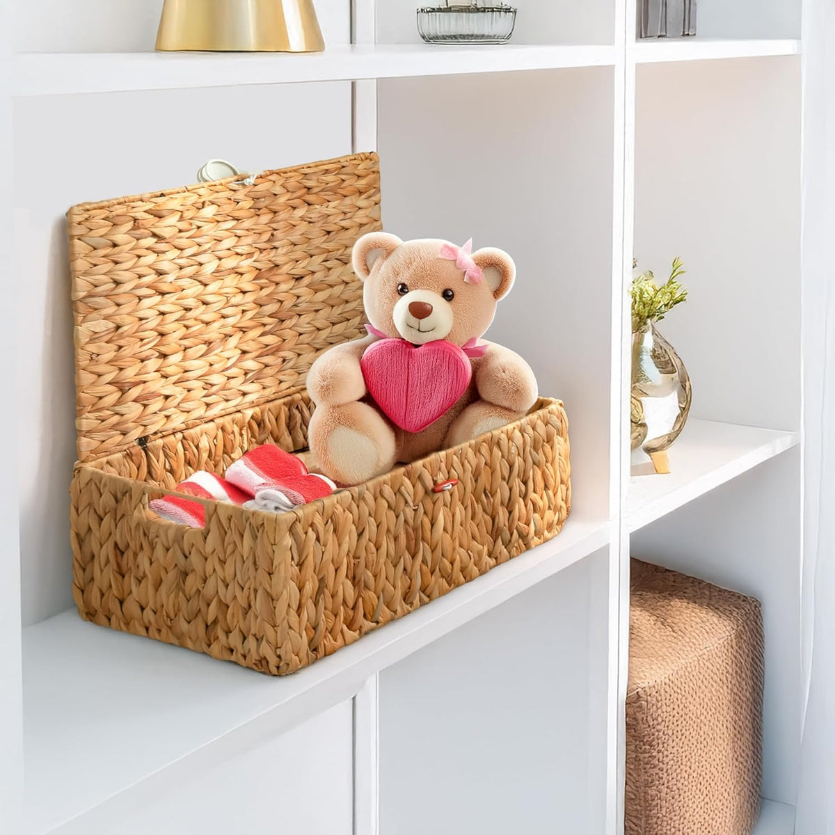 KOKODO Large Rectangular Water Hyacinth Wicker Storage Baskets with Lid, Handles and Built-in Metal Frame, Stylish and Durable Handwoven Bin Perfect for Space-saving Shelves and Room Organizing