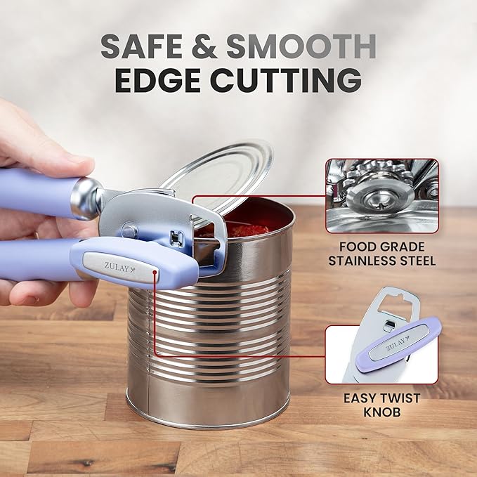 Zulay Kitchen Heavy Duty Stainless Steel Can Opener Manual with Bottle Opener - Rust Proof Manual Can Opener With Turn Knob & Comfy Soft Grip Handles - Periwinkle