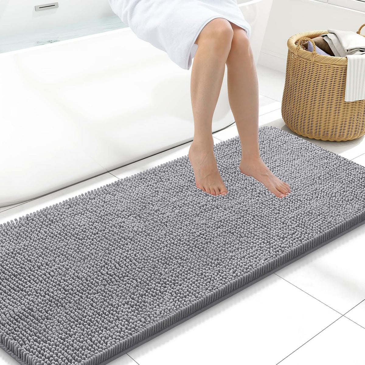 Arotive Bathroom Rugs 59x20, Extra Soft Absorbent Shaggy Chenille Bath Rugs, Machine Washable Rubber Backing Non-Slip Bath Mats for Bathroom Floor Tub and Shower, Home Decor Accessories, Grey