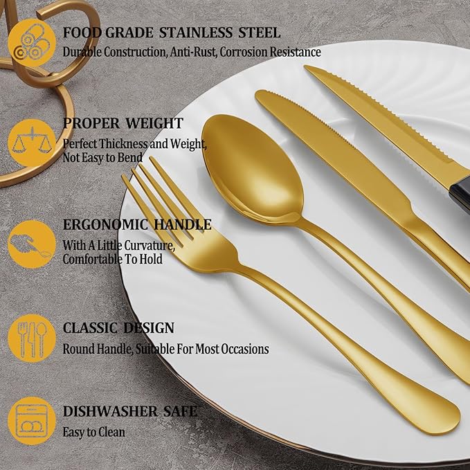 72 Pcs Gold Silverware Set with Steak Knives, Stainless Steel Flatware Cutlery Set Service for 12, Kitchen Tableware Set, Utensil Set for Home and Restaurant, Knives Forks Spoon Set, Dishwasher Safe