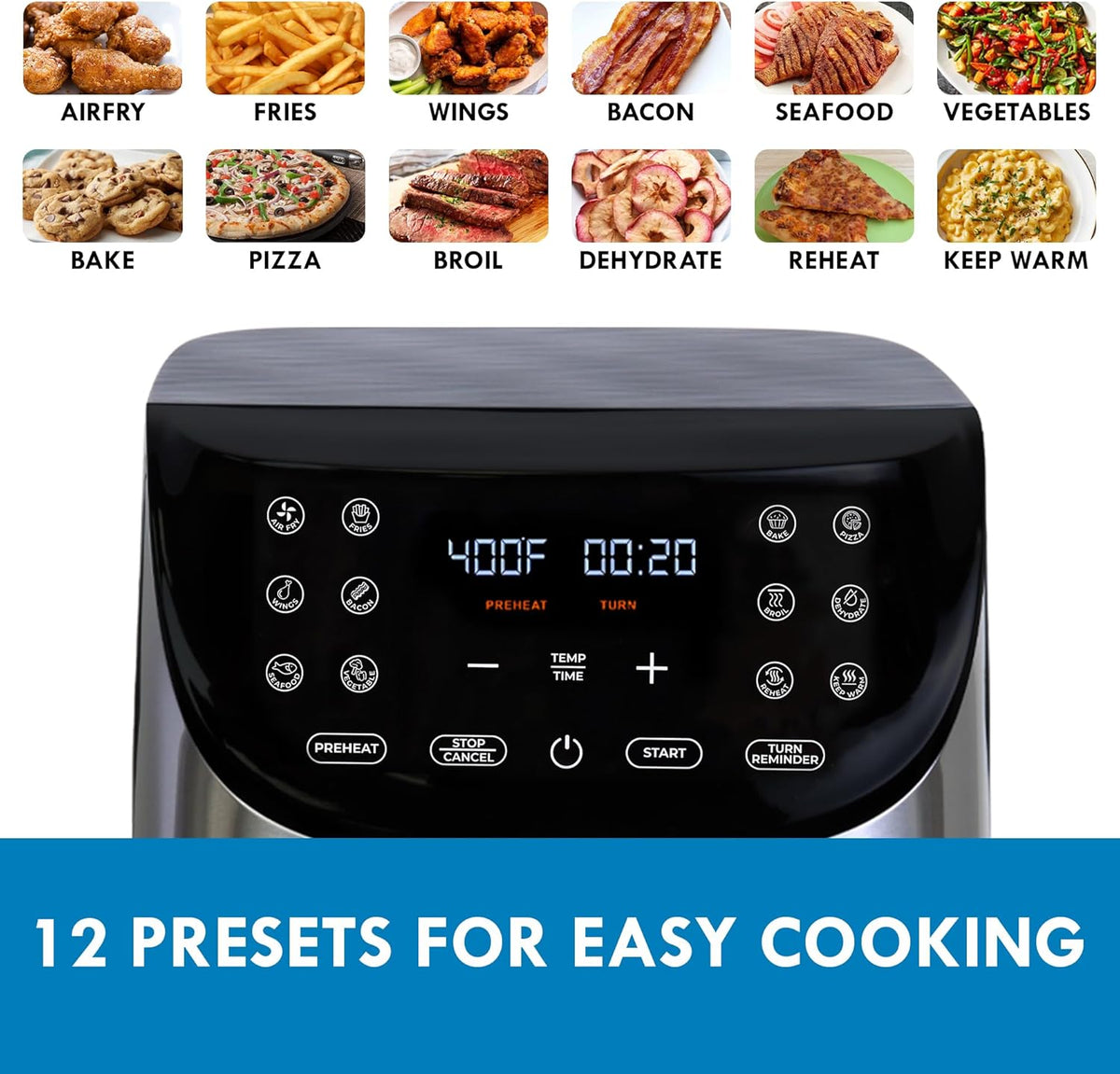 Kenmore 8 Quart Air Fryer - Aerogrill, Non-Stick Frying Basket, French Fry, Digital Touch Screen, 12 Presets, Freidora Eléctrica, Countertop Cooking Kitchen Appliance, Stainless Steel, Black