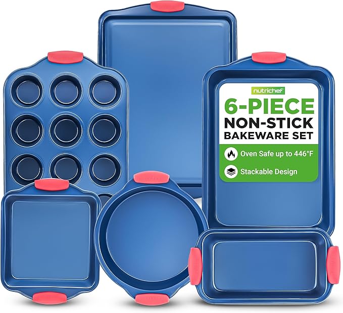 NutriChef 6-Piece Non Toxic Bakeware Set – Carbon Steel Baking Pan Includes Cookie, Muffins, Loaf, Bread, Round & Square Pans, Non-Stick, Easy Release, & Easy Clean