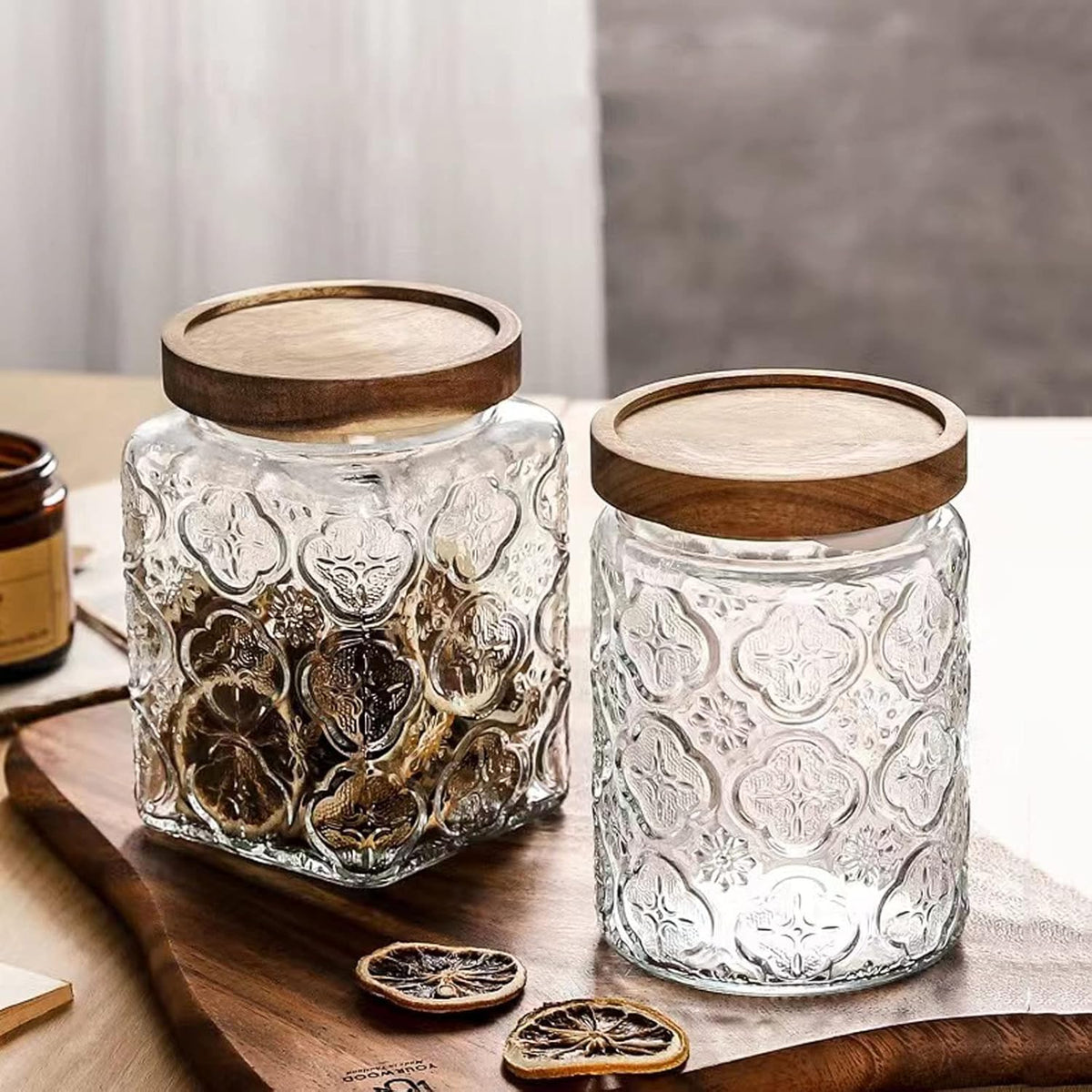 Snminetal Vintage Glass Airtight Storage Jar Set of 2, With Airtight Wood Lid, Kitchen Food Storage Containers,Suitable for storage Tea leaves,Coffee Beans,dried fruits, cereals, etc(Plum pattern)
