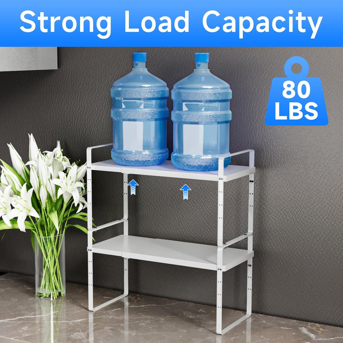 Expandable Cabinet Shelf Organizer, Stackable Kitchen Pantry Counter Storage, Adjustable Closet Cupboard Stand Rack Risers Spice Organization 80LBS Heavy Duty White 3 Pack