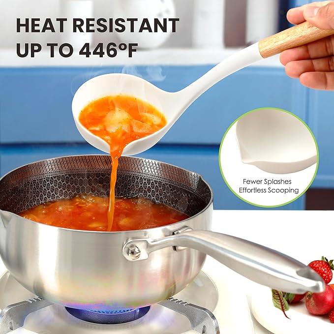 Large Silicone Cooking Utensils Set 7 Pcs, Wooden Handles Heat Resistant Spatula Set, Food Grade Silicone Kitchen Utensils Set with Holder, Gadgets BPA Free for Non-Stick Cookware