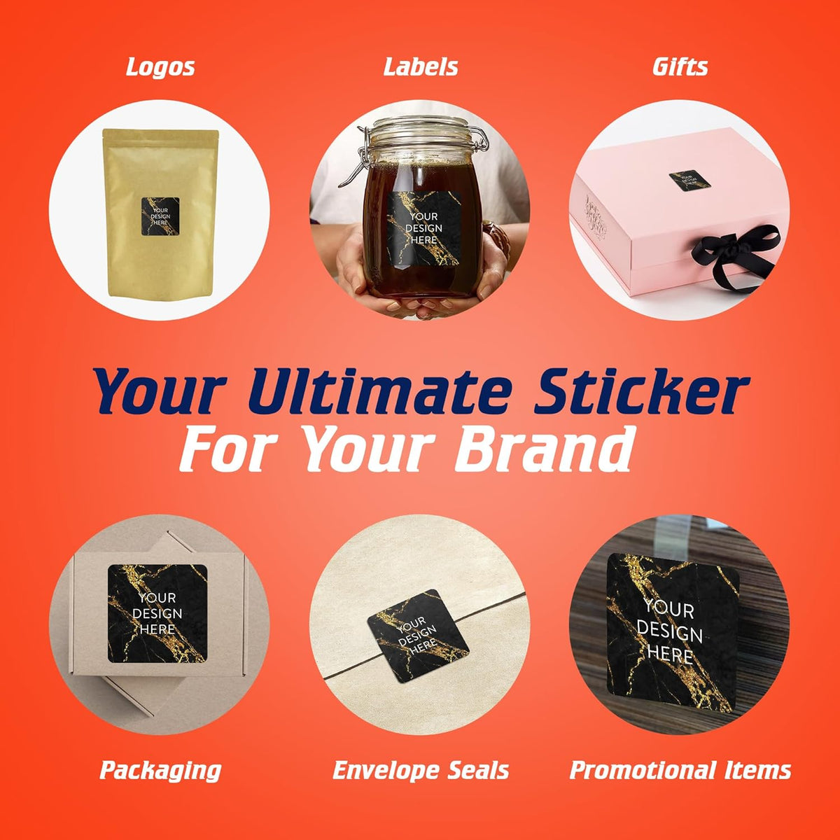 100 Custom Vinyl Stickers - Upload Your own Image, Text, Design, Logo - Personalized Logo Labels for Handmade, Packaging, Bottle, Jars, Candle, Brand Stickers (Black Gold Marble, 3x3 Square)