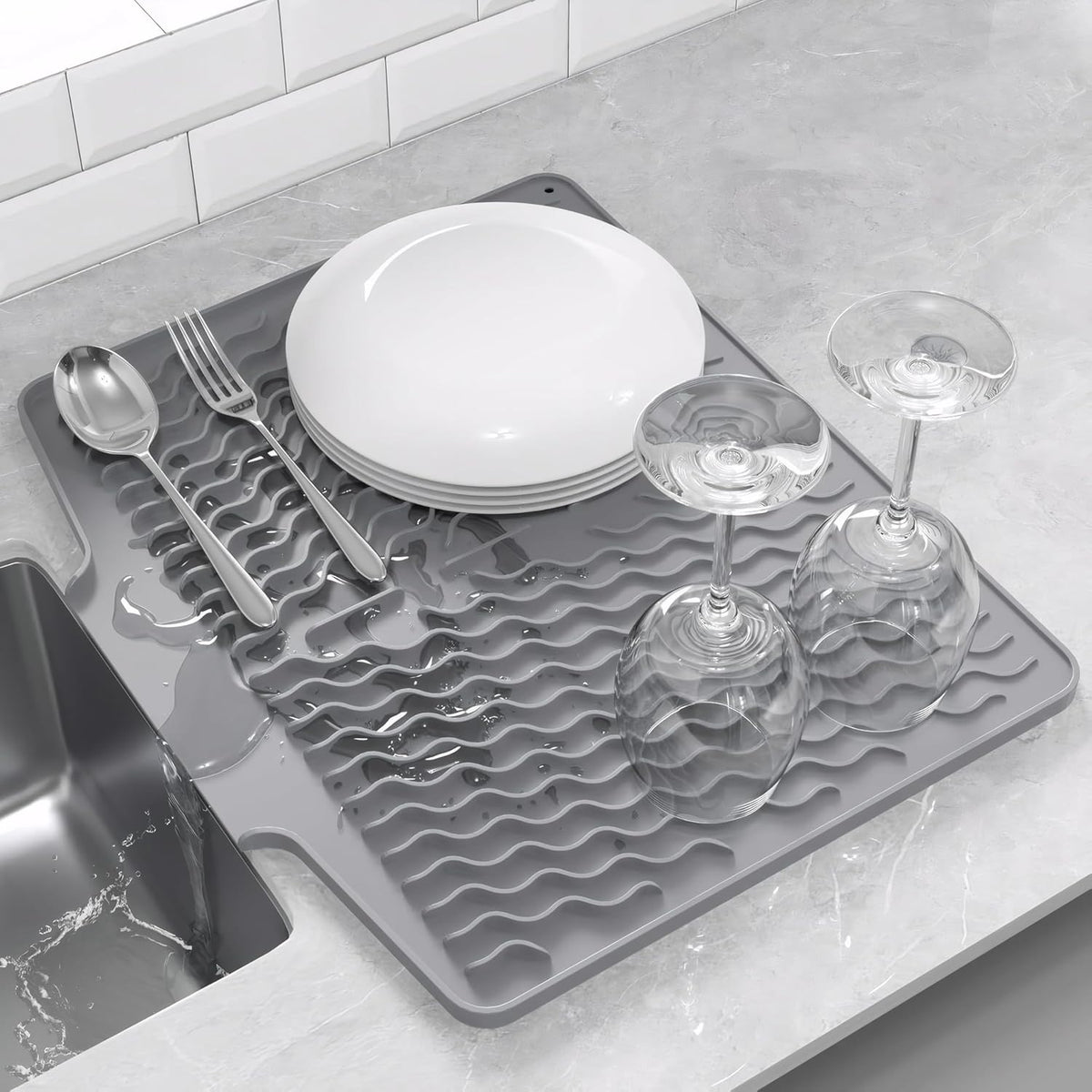 Silicone Dish Drying Mat for kitchen Countertop, Heat Resistant Mats, Dish Drainers for Kitchen counter, Hot Pot Holders, Dish Drying Rack with Built in Drain,(Gray, 15.6"x13")
