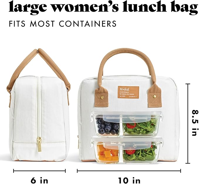 Fit & Fresh Lunch Bag For Women, Insulated Womens Lunch Bag For Work, Leakproof & Stain-Resistant Large Lunch Box For Women With Containers, Zipper Closure Bloomington Bag, Ivory Woven