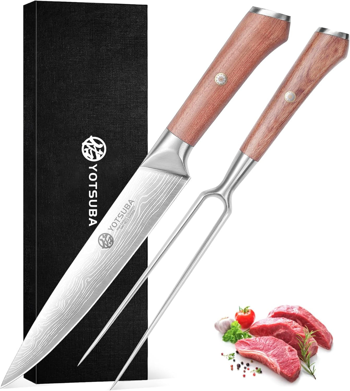 YOTSUBA Carving Knife and Fork Set, Meat Cutting Knife, Razor-Sharp German Stainless Steel Knives Fork Set with Ergonomic Wood Handle, Slicing Knives for Meats, BBQ & Vegetables