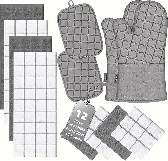 Oven Mitts Kitchen Towels and Dishcloths Pot Holders Sets, Oven Gloves Kitchen Dish Towels 500 Degree Heat Resistant Potholders with Non-Slip Silicone Surface for Cooking, Grilling, Baking-Gray