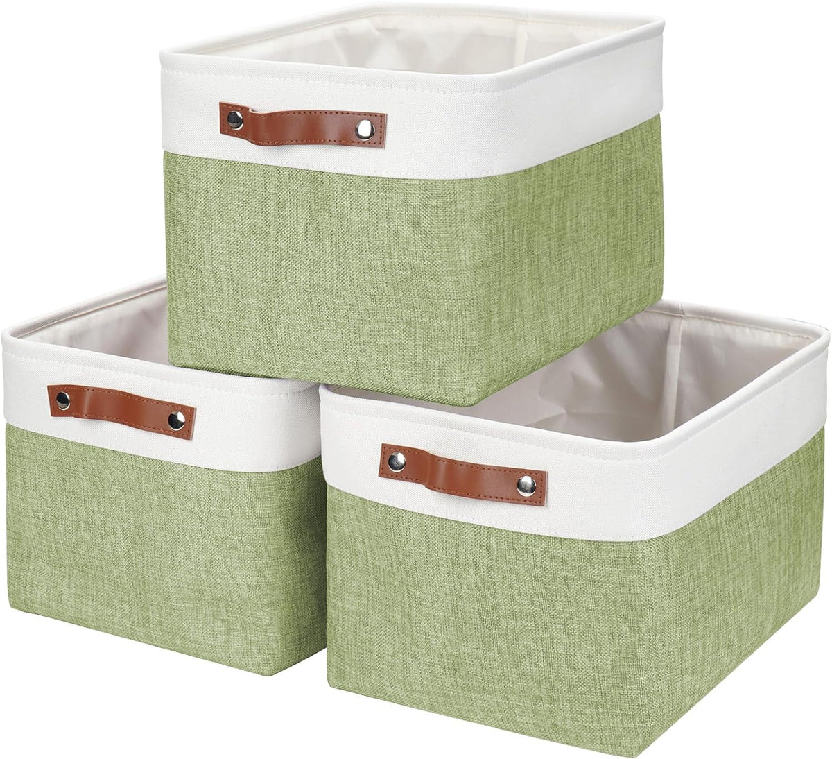 Storage Bins Large Fabric Storage Baskets for Shelves 3 Pack, Decorative Linen Closet Baskets with Handles for Organizing, Shelf, Clothes, Home, Office, 15x11x9.5Inches (Green&White)