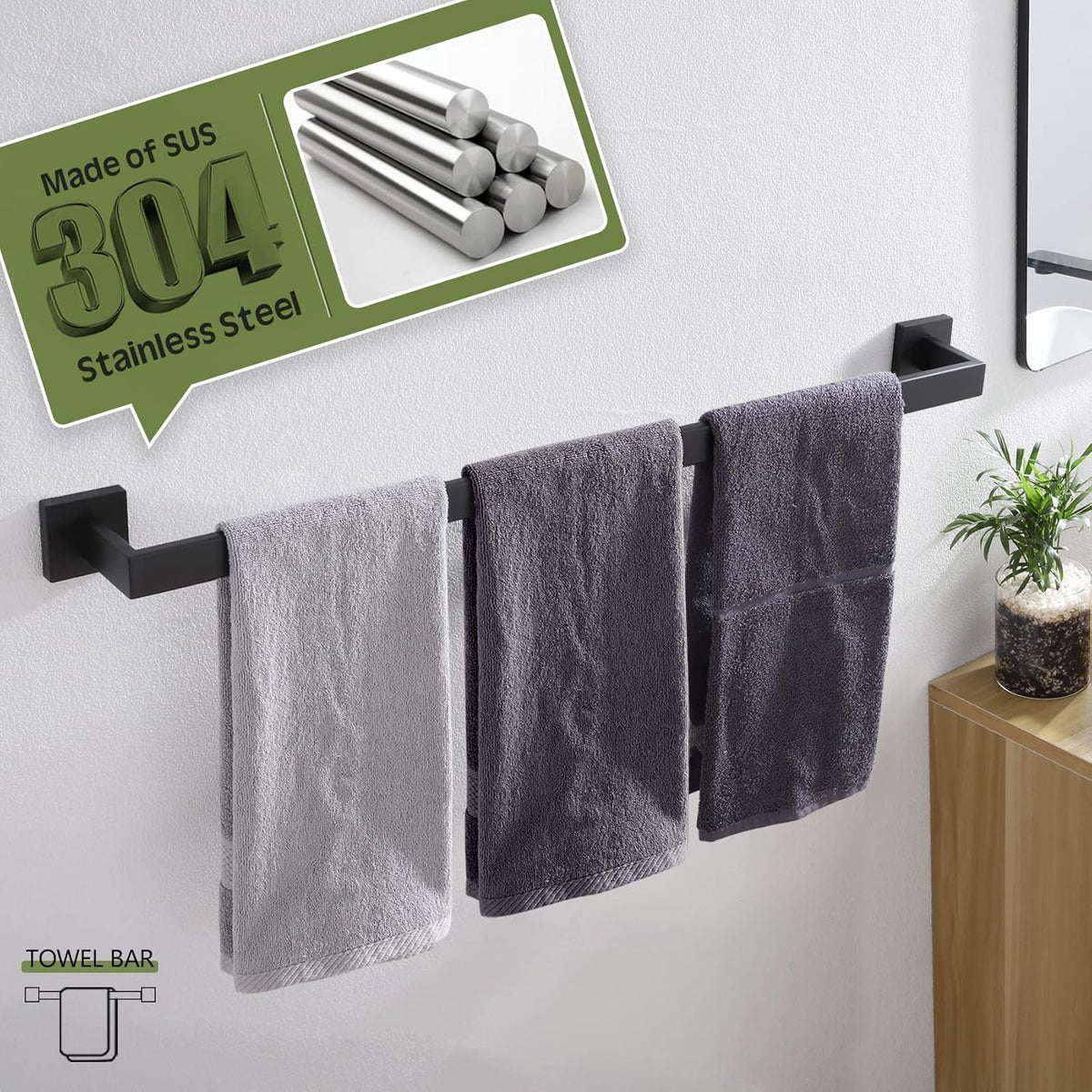 KOKOSIRI 32-Inch Single Towel Bar, Bathroom Kitchen Towel Holder, Wall Mounted SUS304 Stainless Steel Towel Rack, Matte Black, B4003BK-L32