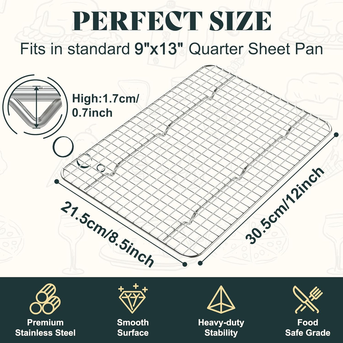 Cooling Racks for Cooking and Baking-8.5"x12" Oven Safe Premium Stainless Steel Heavy Duty Baking Rack Tight-Wire, Fits Quarter Sheet Pan for Roasting & Grilling & Cooking-1 Pack