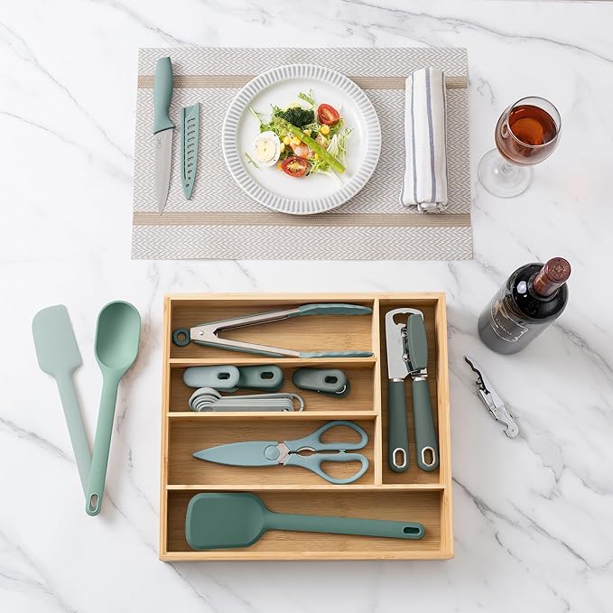 COOK WITH COLOR Bamboo Kitchen Utensil Set with Drawer Organizer | Cooking Tools and Storage Caddy, Sage, 18 Piece Gadget Set