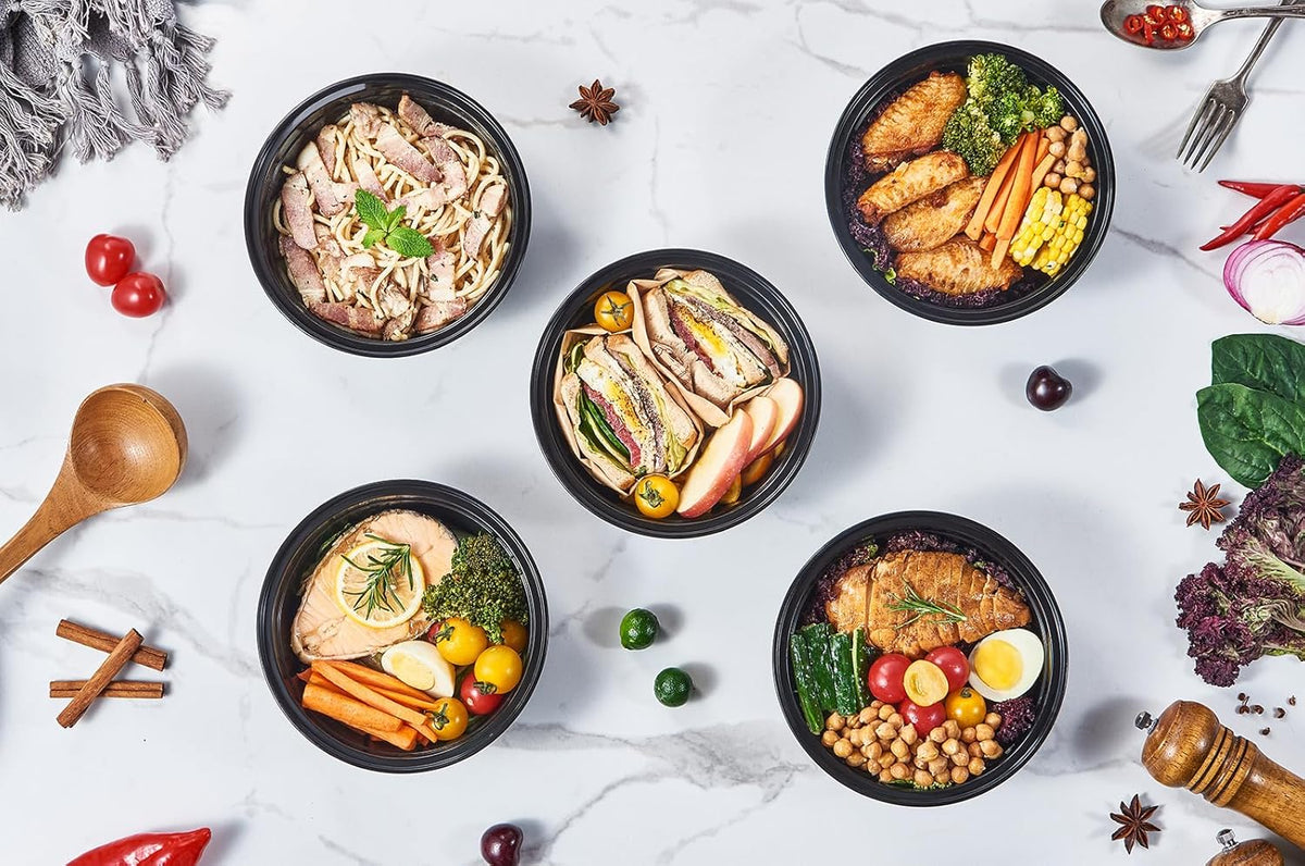 FULING 32 oz 50 ct Round Meal Prep Containers with Lids Plastic Food Storage Lunch Plan To Go Box Disposable Take Out Bowls Black BPA Free Reusable Durable Stackable Microwave Freezer Dishwasher Safe