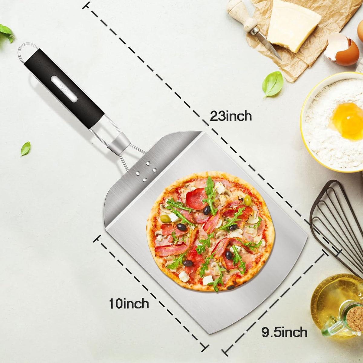 Pizza Peel BIG HORN Metal Pizza Peel with rubber handle Large Premium Pizza Paddle Pizza Spatula Perforated Stainless Steel Pizza Spatula