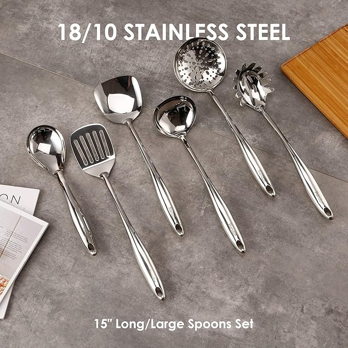 304 Stainless Steel Kitchen Utensil Set - 9 PCS Serving Utensils, Cooking Utensil, Solid Spoon, Slotted Spoon, Fork, Spatula, Ladle, Skimmer Spoon, Slotted Spatula Tunner, Spaghetti Spoon, Large Spoon