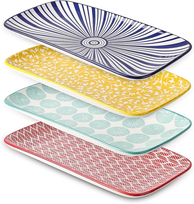 Selamica Ceramic Serving Platters, 14 Inch Serving Trays for Party Entertaining, Large Rectangular Serving Plates for Appetizer, Charcuterie, Dessert, Fruit, Set of 4, Assorted Colors