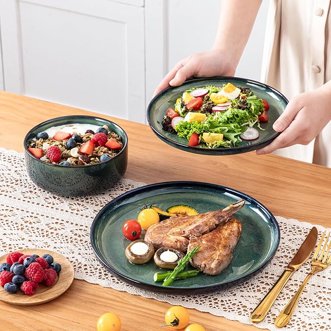 vancasso Starry 12 Pieces Dinnerware Sets for 4, Green Reactive Glaze Dishes Sets, Ceramic Plates and Bowls Set, Dinner Salad Dessert Plates, and Cereal Bowls Set, Dishwasher and Microwave Safe