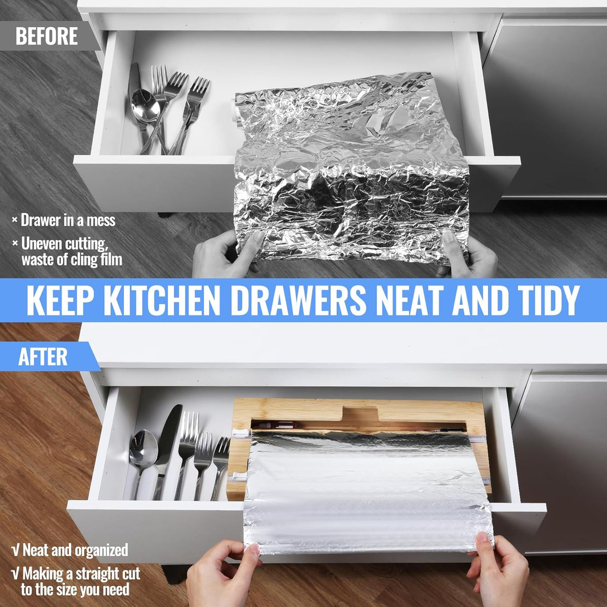 2 in 1 Plastic Wrap Dispenser with Cutter，Bamboo Foil and Plastic Wrap Organizer,Aluminum Foil and Wax Dispenser for Kitchen Drawer Storage Organization