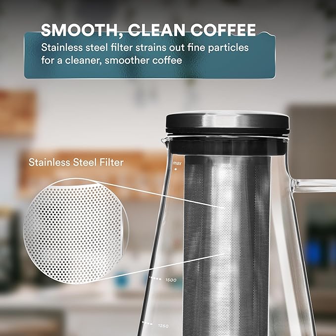 OVALWARE Airtight Cold Brew Iced Coffee Maker Pitcher (& Iced Tea Maker) with Spout – 1.5L/ 51oz Brewing Glass Carafe with Removable Stainless Steel Filter