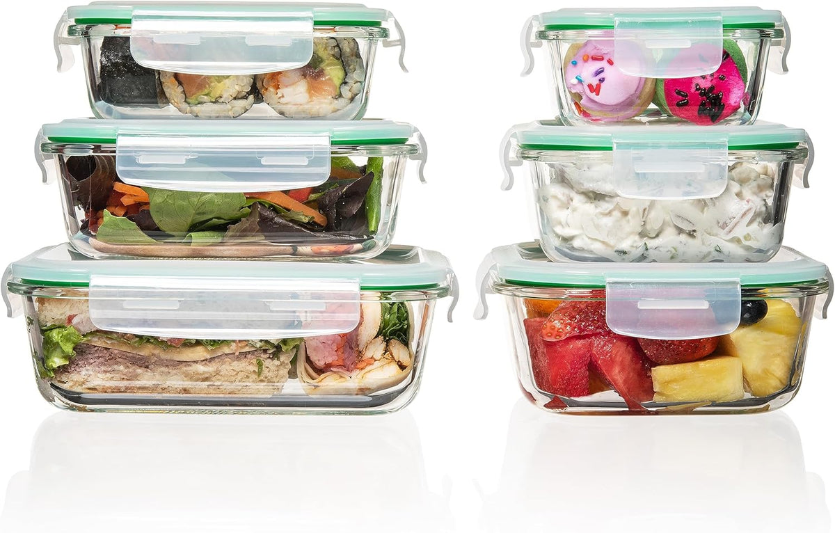 Fusion Gourmet Glass Meal Prep Containers with Lids [6 Pack] Storage Containers, Leak proof, Airtight Locking Lids, Microwave, Oven, Freezer & Dishwasher Safe