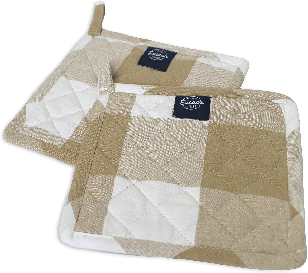 Encasa Homes 8 inches Oven Microwave Potholders (2 pc Set) for Kitchen Cooking & Baking - Heat Resistant, Thick & Safe, Protection of Hands from Hot Utensils - Buffalo Beige Checks