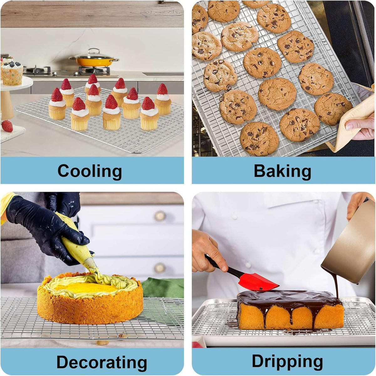 TeamFar Cookies Sheet with Rack, 16 x 12 x 1 Inch Stainless Steel Baking Sheet Tray Pans with Grid Wire Racks for Cooling Baking Roasting, Non-Toxic & Heavy Duty, Dishwasher Safe, 2 Pans + Racks