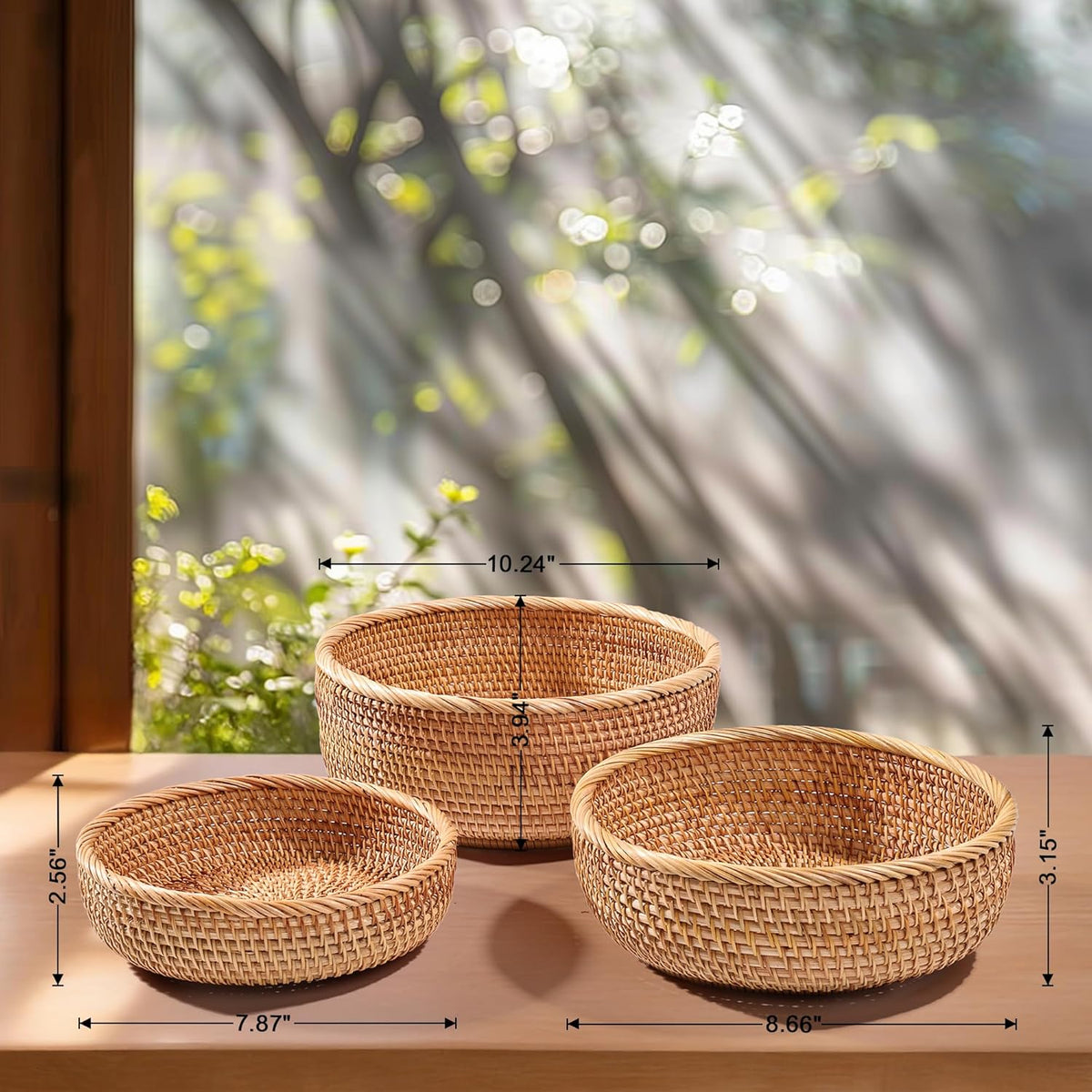 Honey Brown Natural Rattan Bread Basket Set of 3 - Handwoven Round Wicker Serving Bowls for Fruit, Snacks, Kitchen Counter Organizing | Stackable Farmhouse Decor