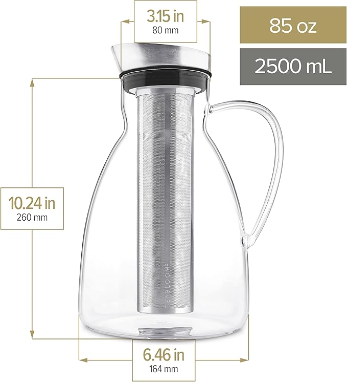 Teabloom Extra-Large Multi-Brew Borosilicate Glass Teapot + Kettle + Pitcher (85 OZ / 2.5 L / 10 CUPS) – Brew and Serve Hot Tea, Iced Tea, Cold Brew Tea and Fruit Infused Water – Solstice Tea Maker