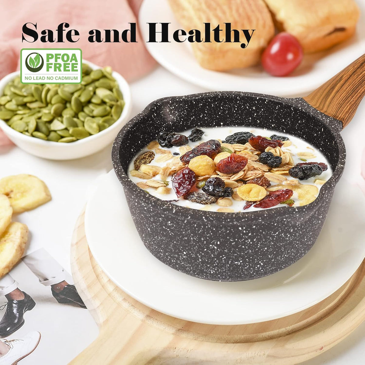 Nonstick Saucepan with Lid, 1.8 Quart Classic Black Granite Coated Pasta Soup Pot for All Stovetops, 7 Inch Small Sauce Pan for Cooking Sauce Soup and Milk