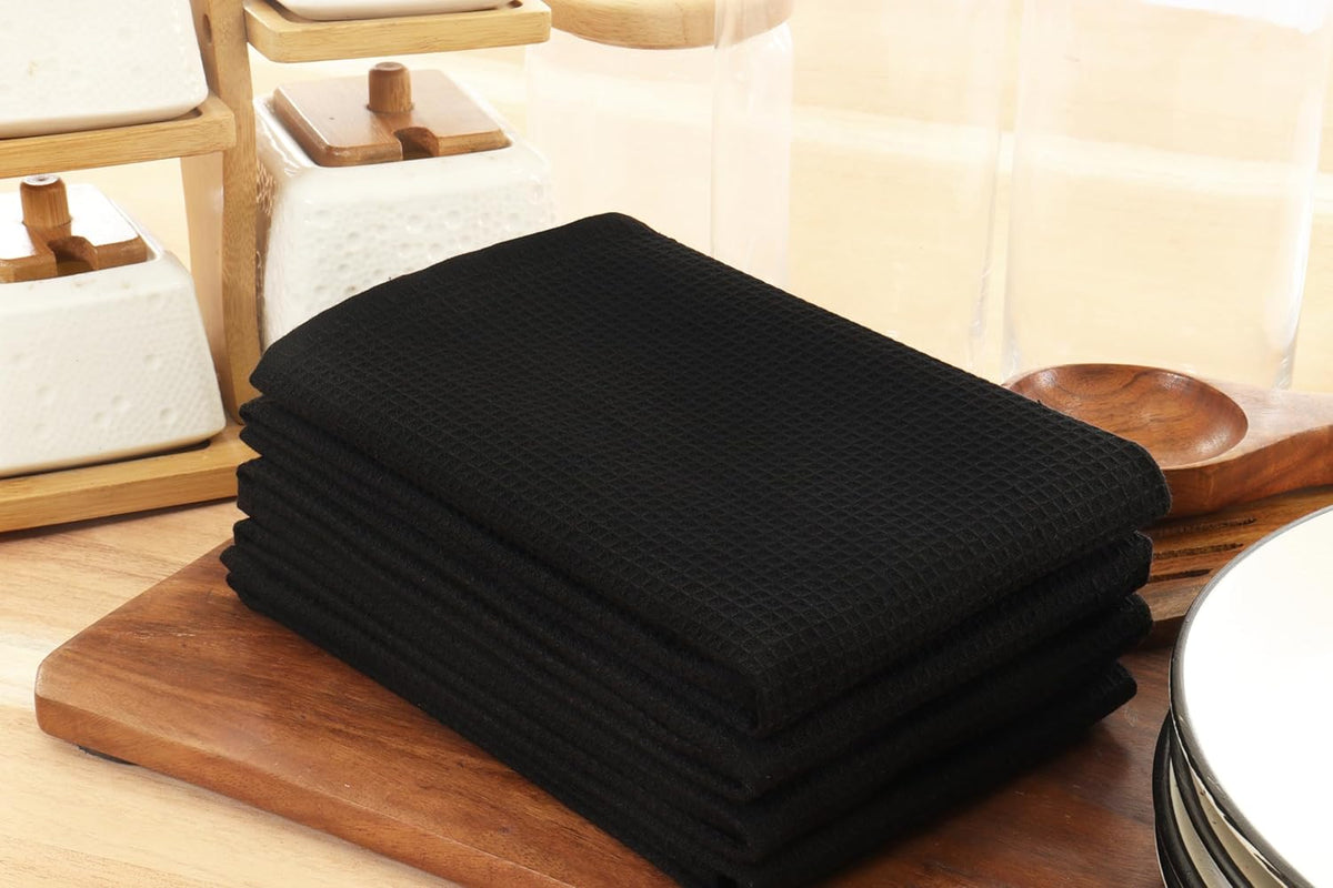 PurpleEssences Waffle Weave Kitchen Towel, 100% Cotton - 15 x 25 Inches, with Hanging Loop Ultra Soft Absorbent Quick Drying Dish Cloth, Tea and Hand Towels, 6 Pack - Spring Summer - Black