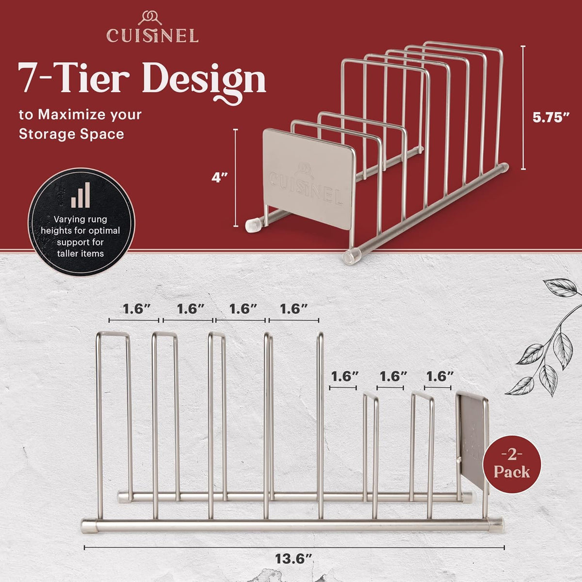 Cuisinel Lid and Dish Organizer Rack - 2-Pack Satin Nickel Kitchen Storage Organization Stand - Plate Holder, Pan/Pot Covers, Cutting Board and Cookie Sheet Divider - 7-Tier Cabinet/Counter Display